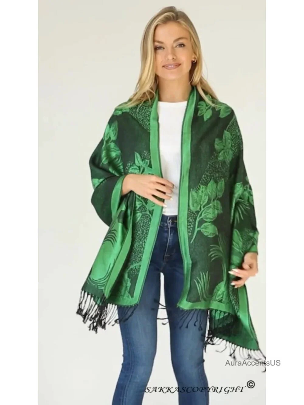 Reversible Two Tone Floral Rose Pashmina Scarf Shawl Wrap Stole Fringe Ends